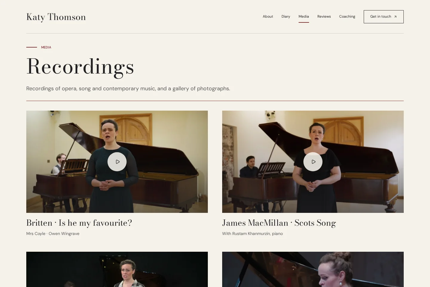 New website Recordings page: a grid of performance stills with titles and play buttons