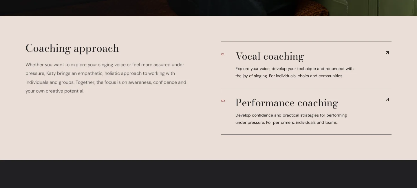 New website coaching approach with two linked options: Vocal coaching and Performance coaching