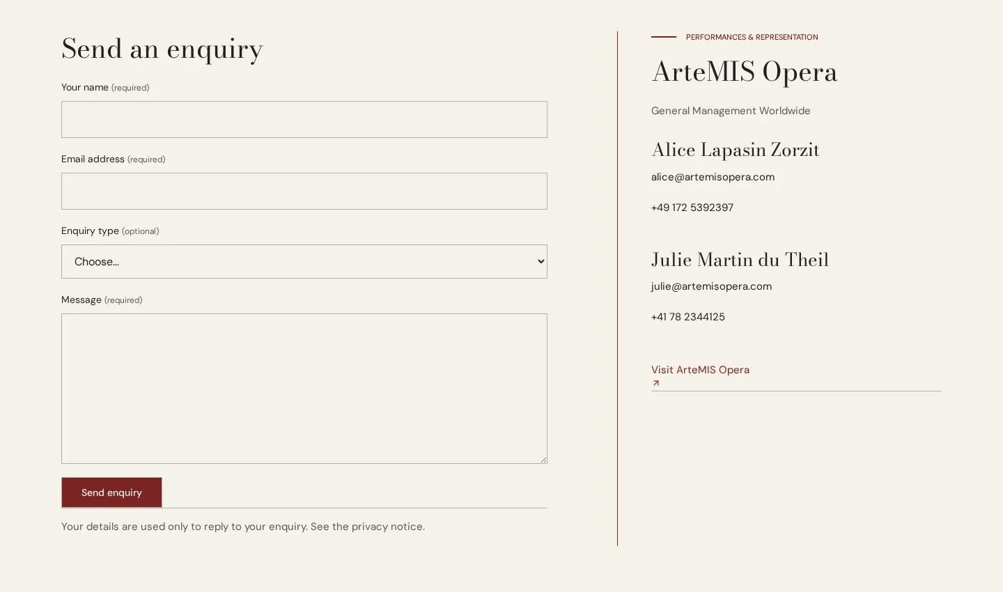 New website enquiry form with enquiry-type selector beside the ArteMIS Opera representation panel
