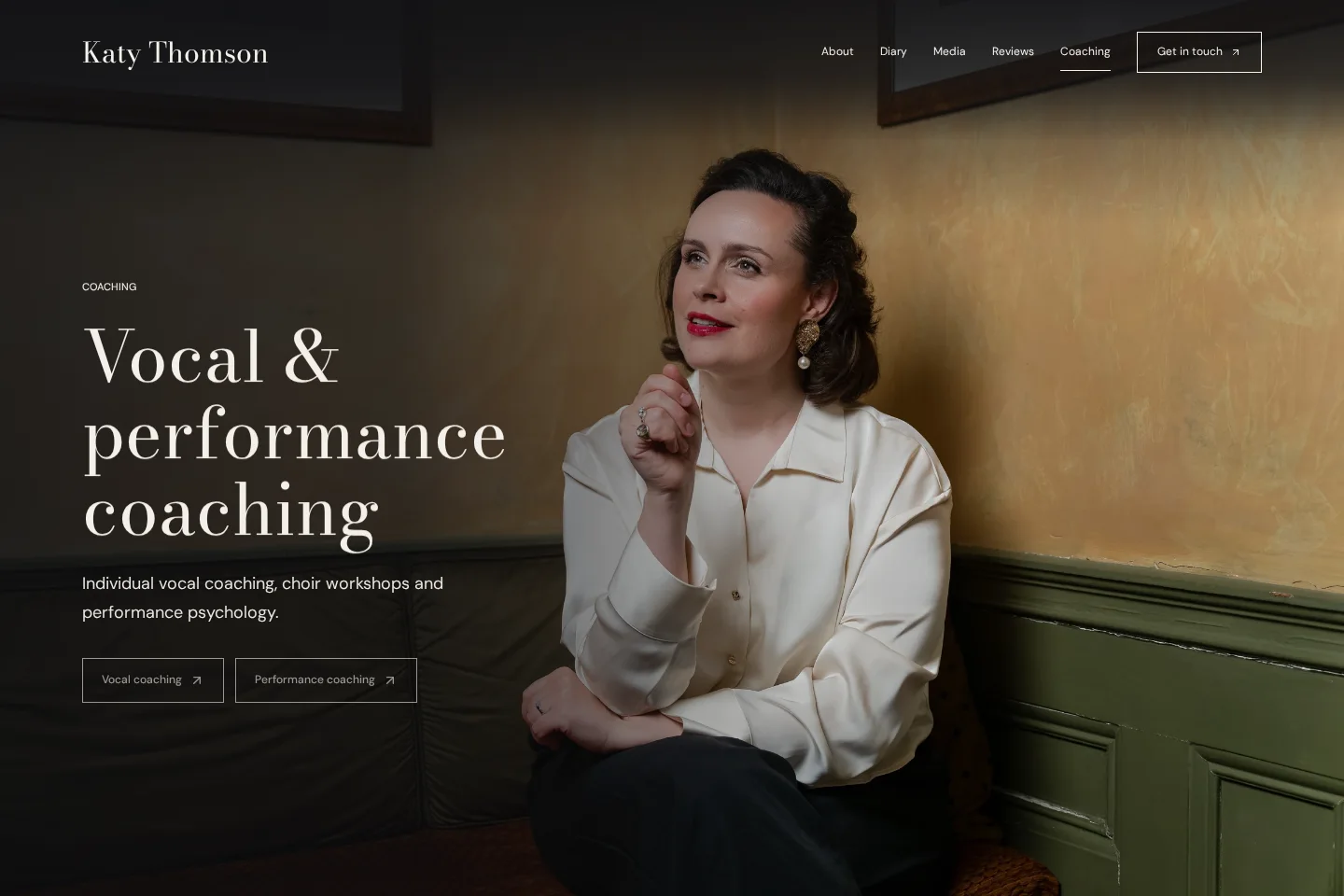 New website Coaching page: portrait with links to vocal and performance coaching