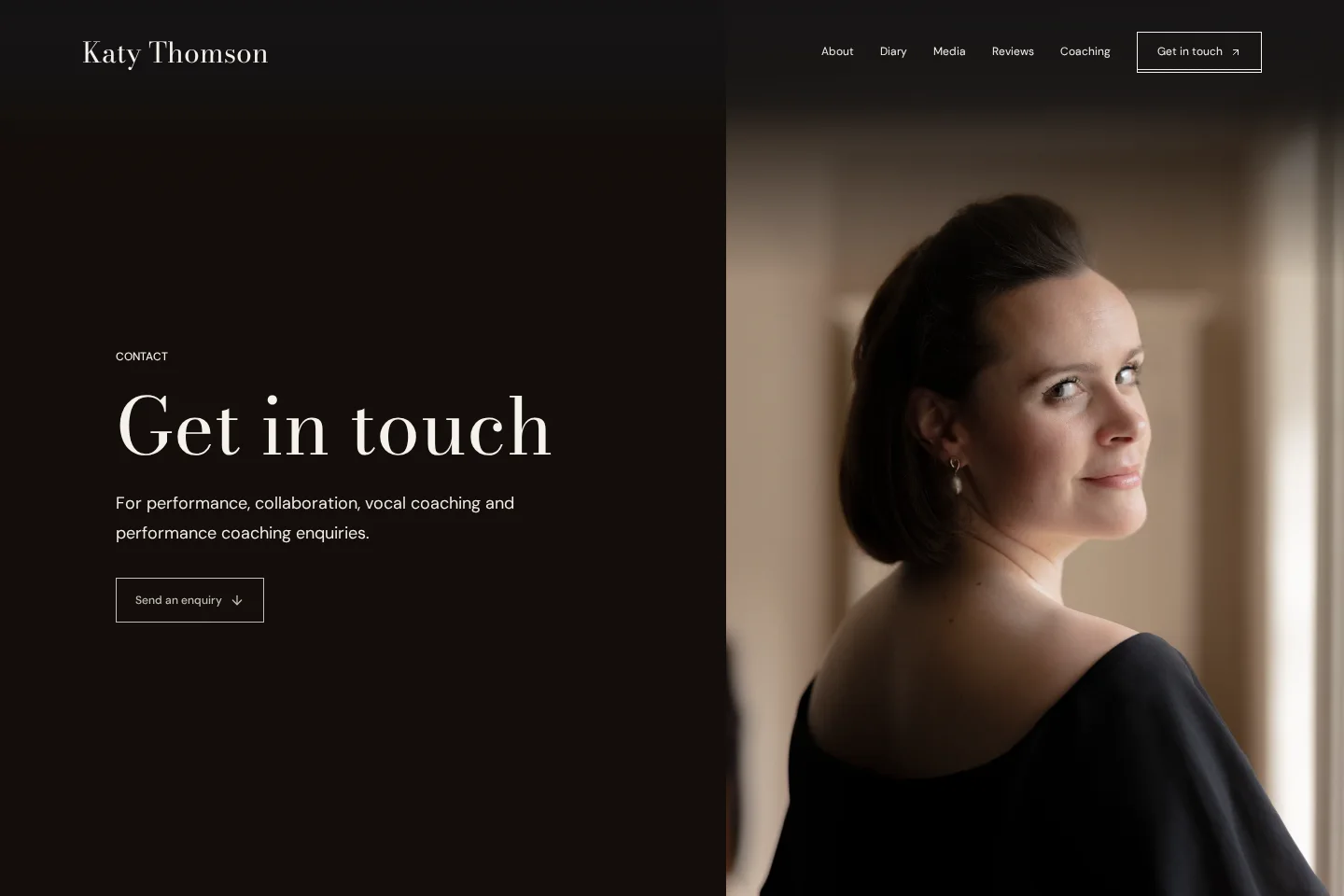 New website Contact page: portrait alongside the Get in touch heading and enquiry button