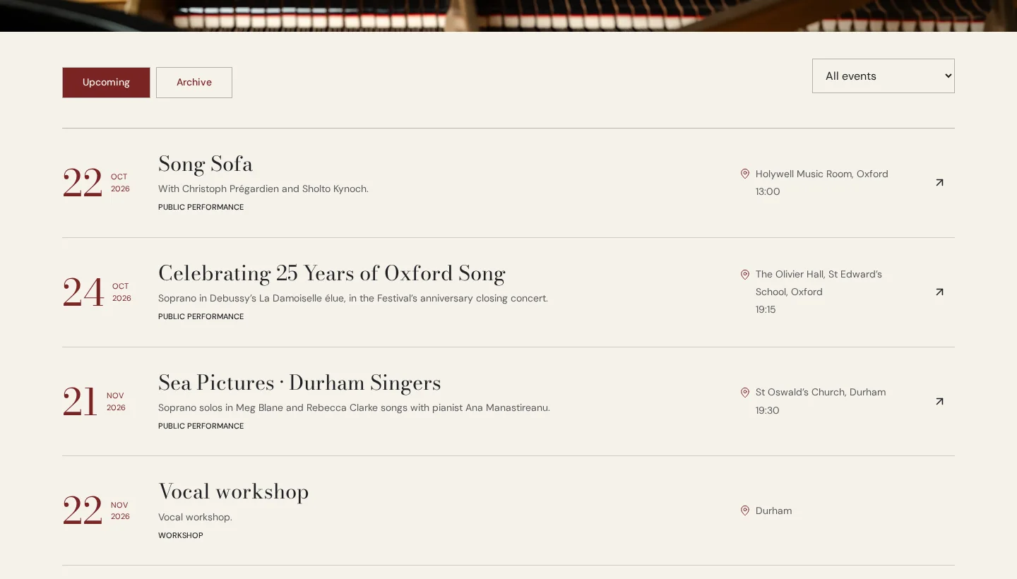 New website Diary listings: Upcoming and Archive tabs, an event filter, and dated entries with venue, time and ticket links