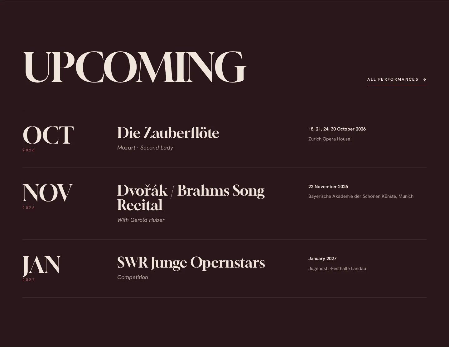 Homepage Upcoming section: dated performances with work, role, dates and venue