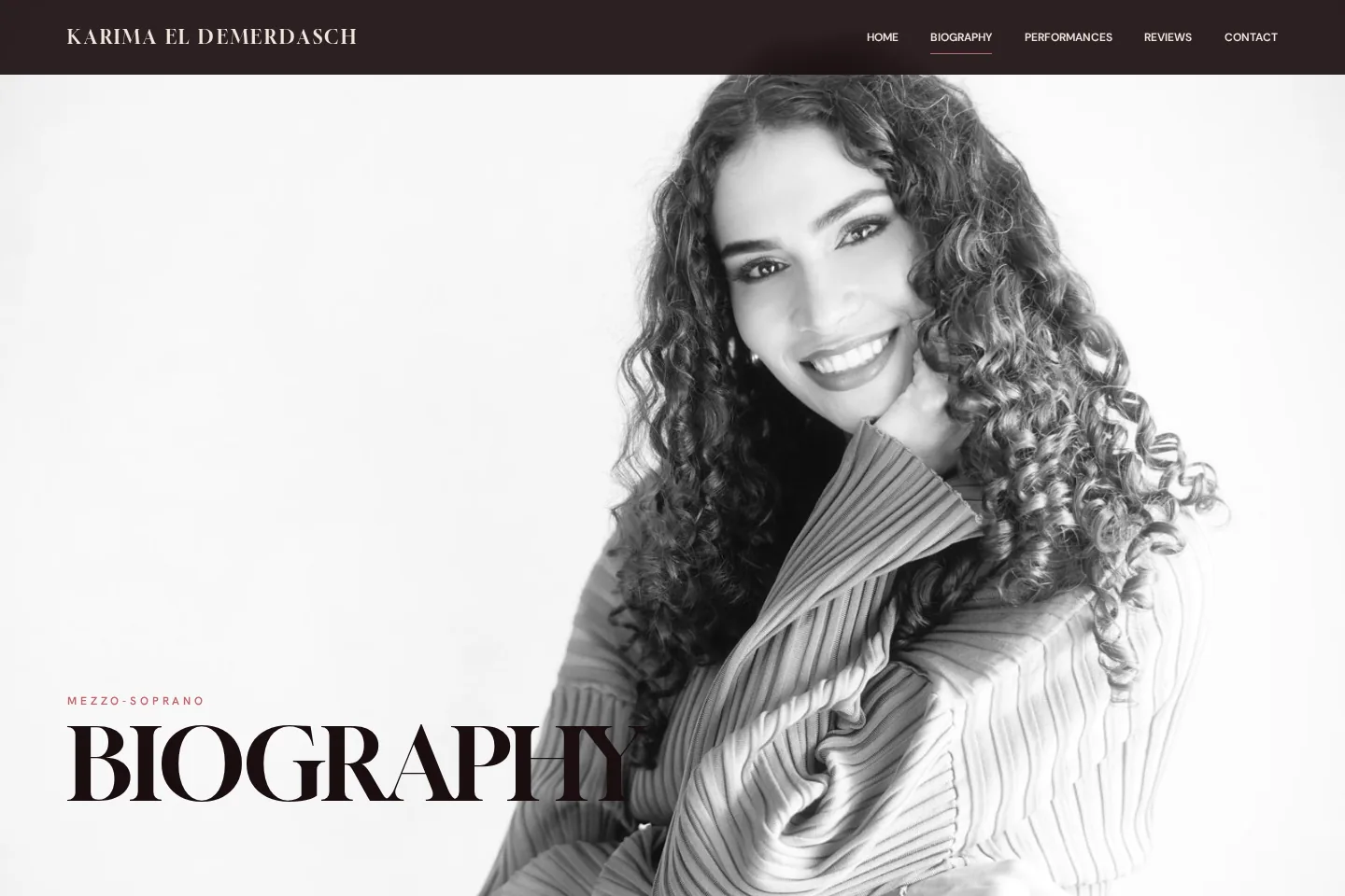 Biography page: full-height black-and-white portrait with the Biography title