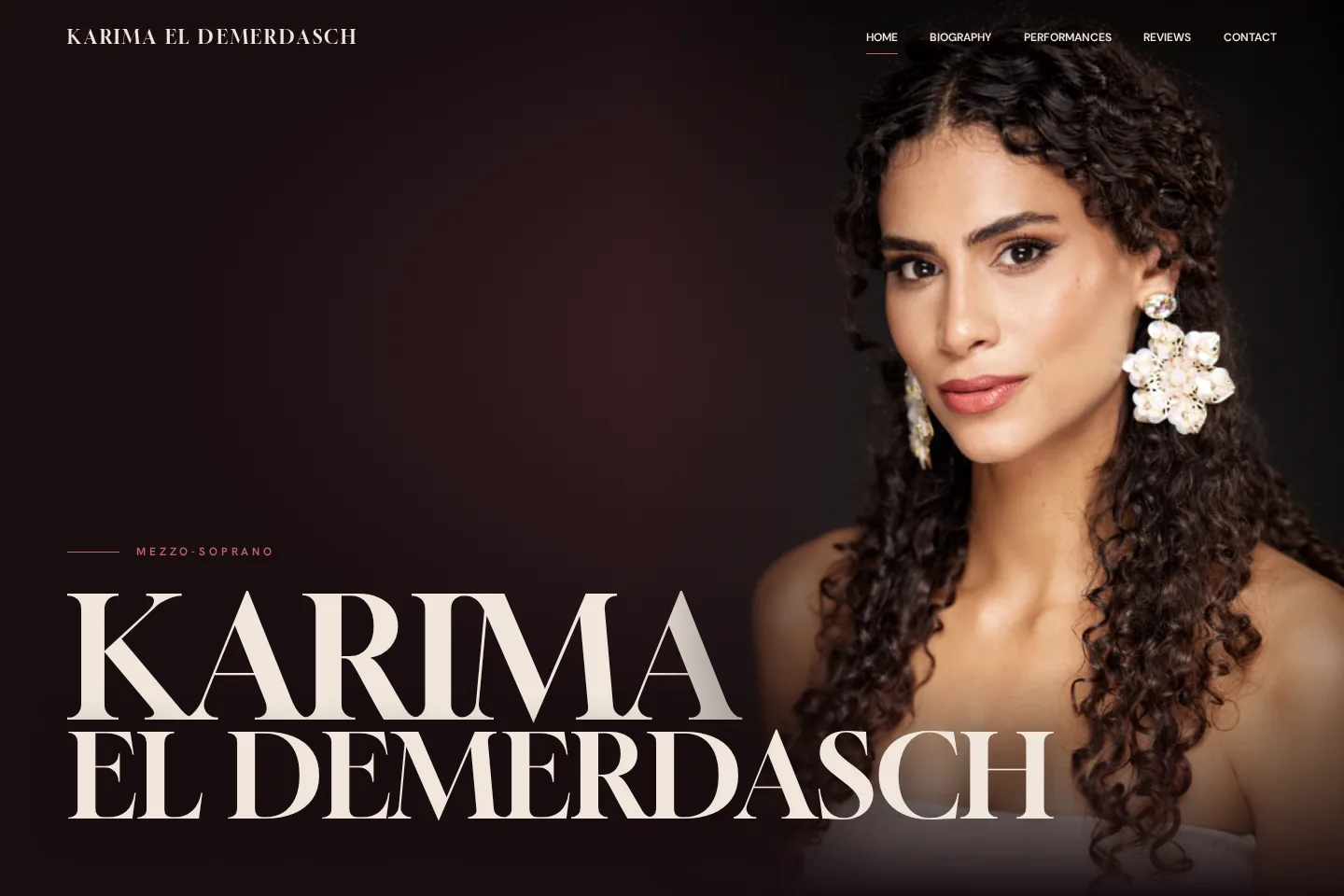 Karima El Demerdasch website homepage: oversized ivory name layered over an oxblood portrait