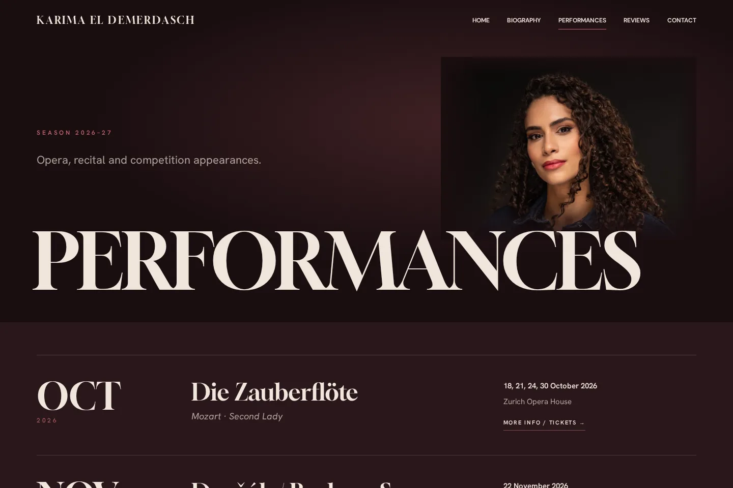 Performances page: Season 2026–27 opening with a portrait and oversized Performances title