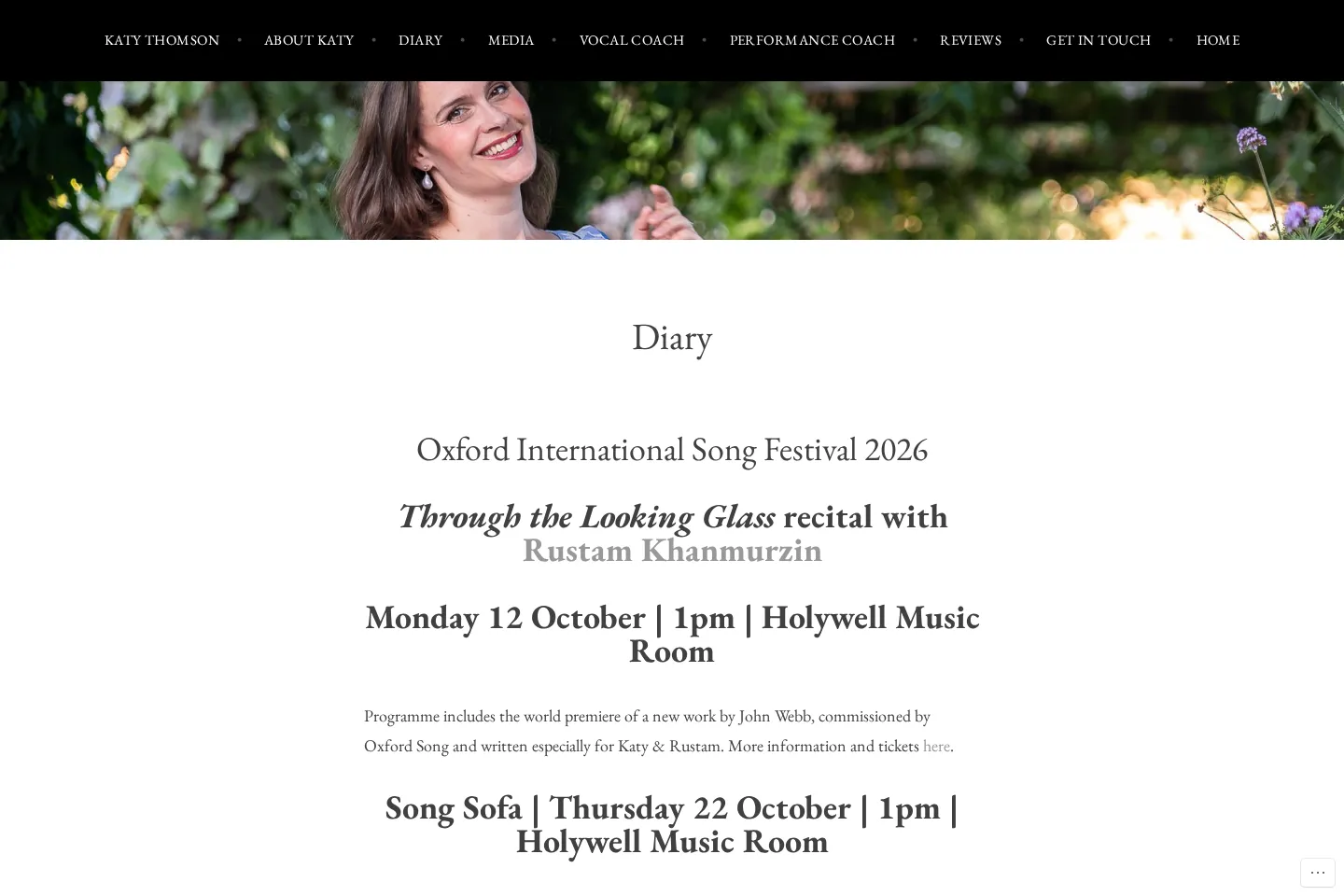 Old website Diary page: banner photo above centred, free-form text listings of dates