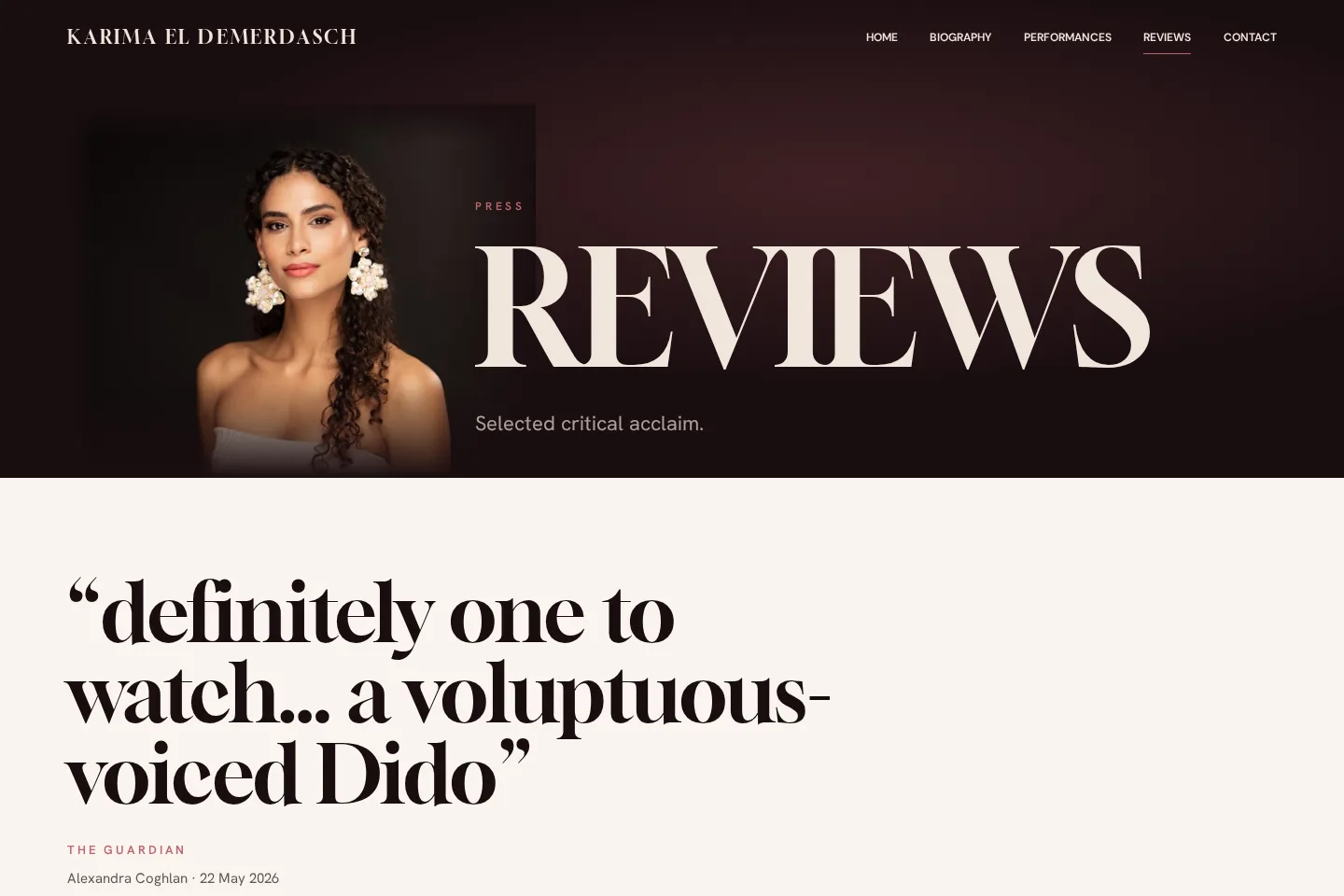 Reviews page: portrait beside the oversized Reviews title, followed by the first quotation