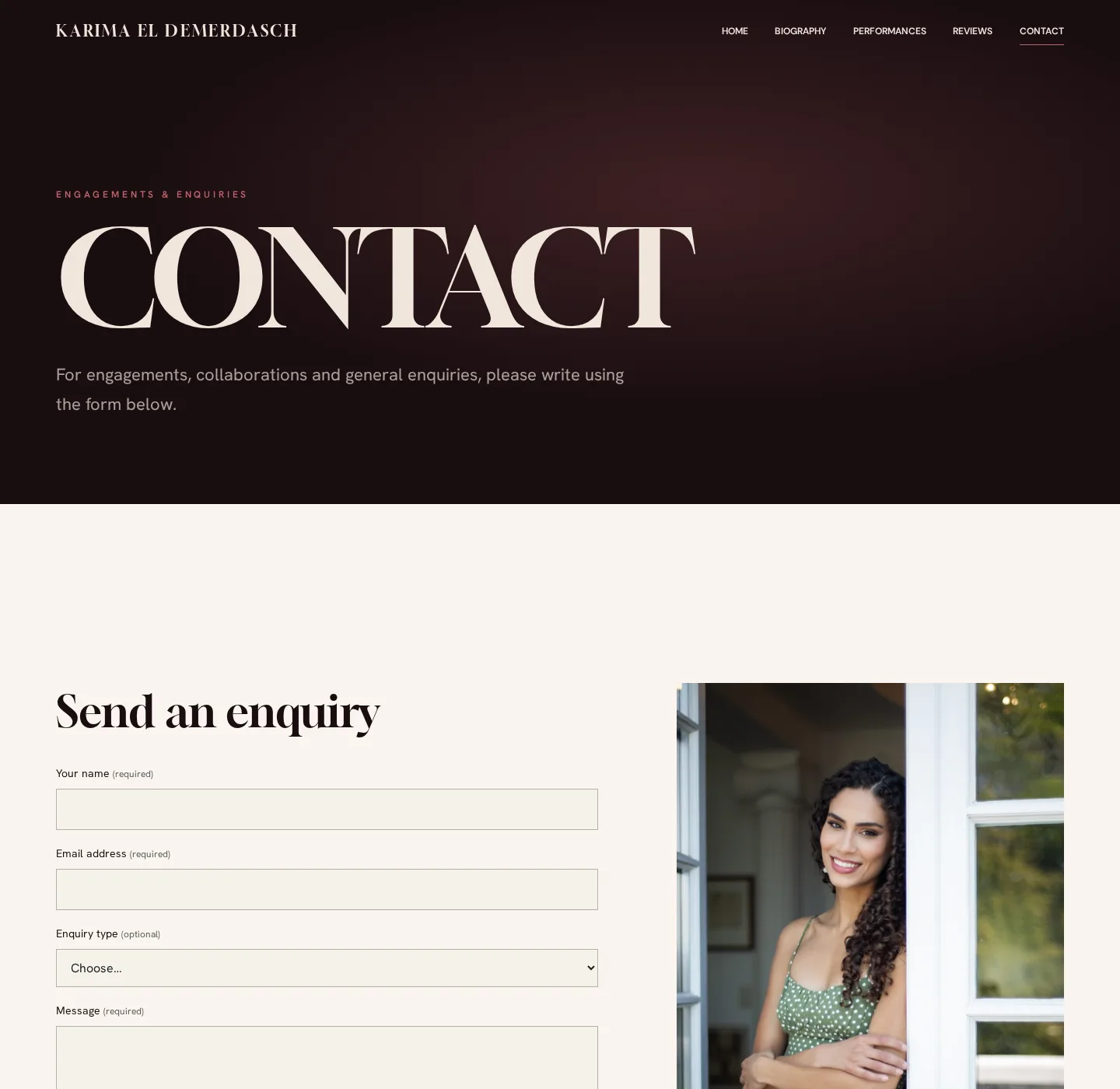 Contact page: Engagements & enquiries heading above an enquiry form beside a portrait