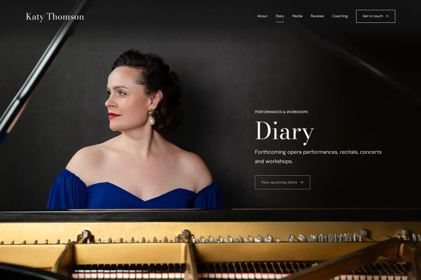 New website Diary page: full-bleed portrait with the Diary heading and a link to upcoming dates