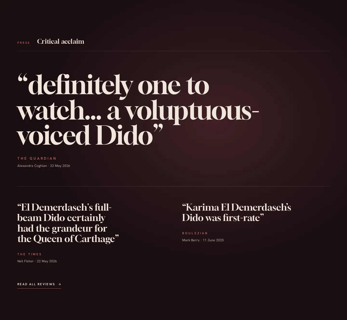 Homepage press section: Guardian pull quote above Times and Boulezian quotes