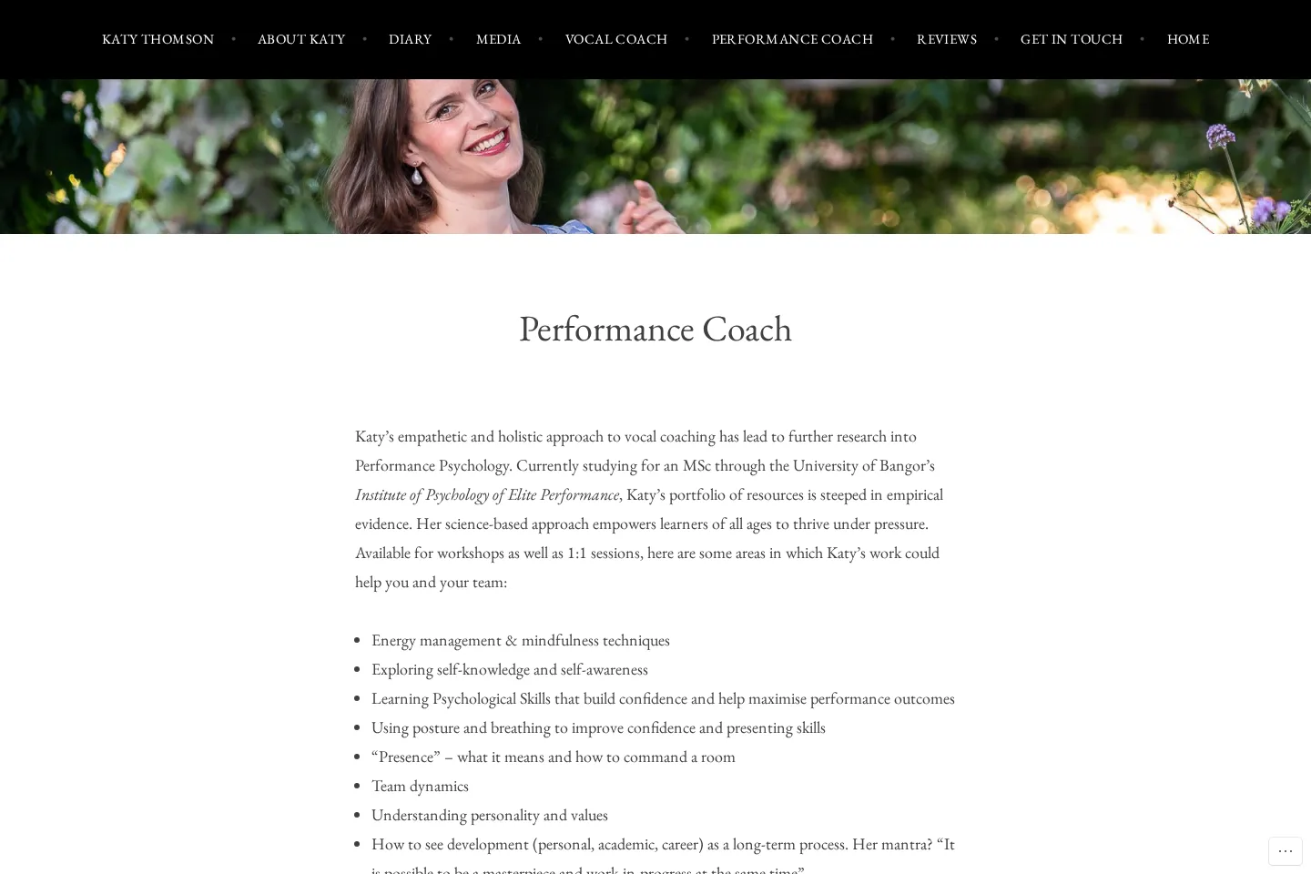 Old website Performance Coach page: a long text introduction and bulleted list