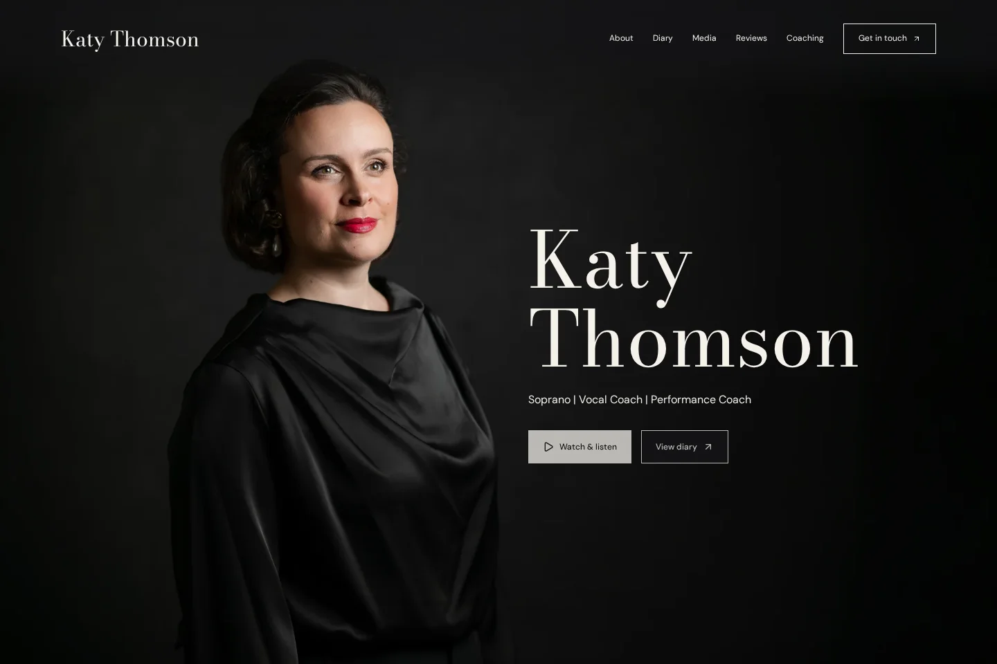 New Katy Thomson website homepage: full-screen artist portrait with her name and roles