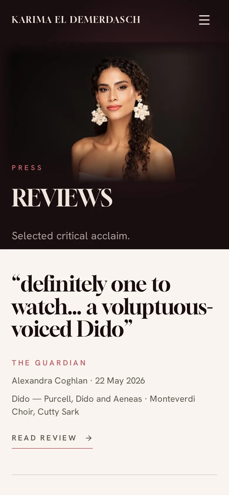 Mobile Reviews page: portrait, title and the Guardian quotation